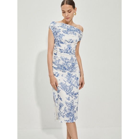 Commense Print Straight Neck Split Dress blue size M - Picture 2 of 5